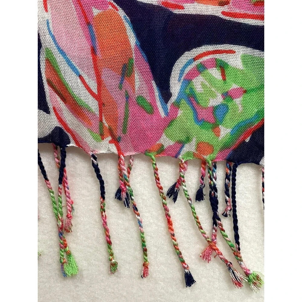 Lilly Pulitzer Murfee Scarf Tusk In Sun Pink Navy Blue Palm‎ Leaf Fringe 10126
